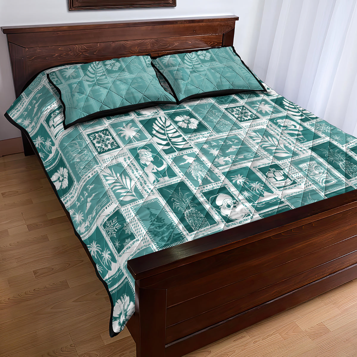 Hawaii Christmas Retro Patchwork Quilt Bed Set Teal LT7 - Polynesian Pride
