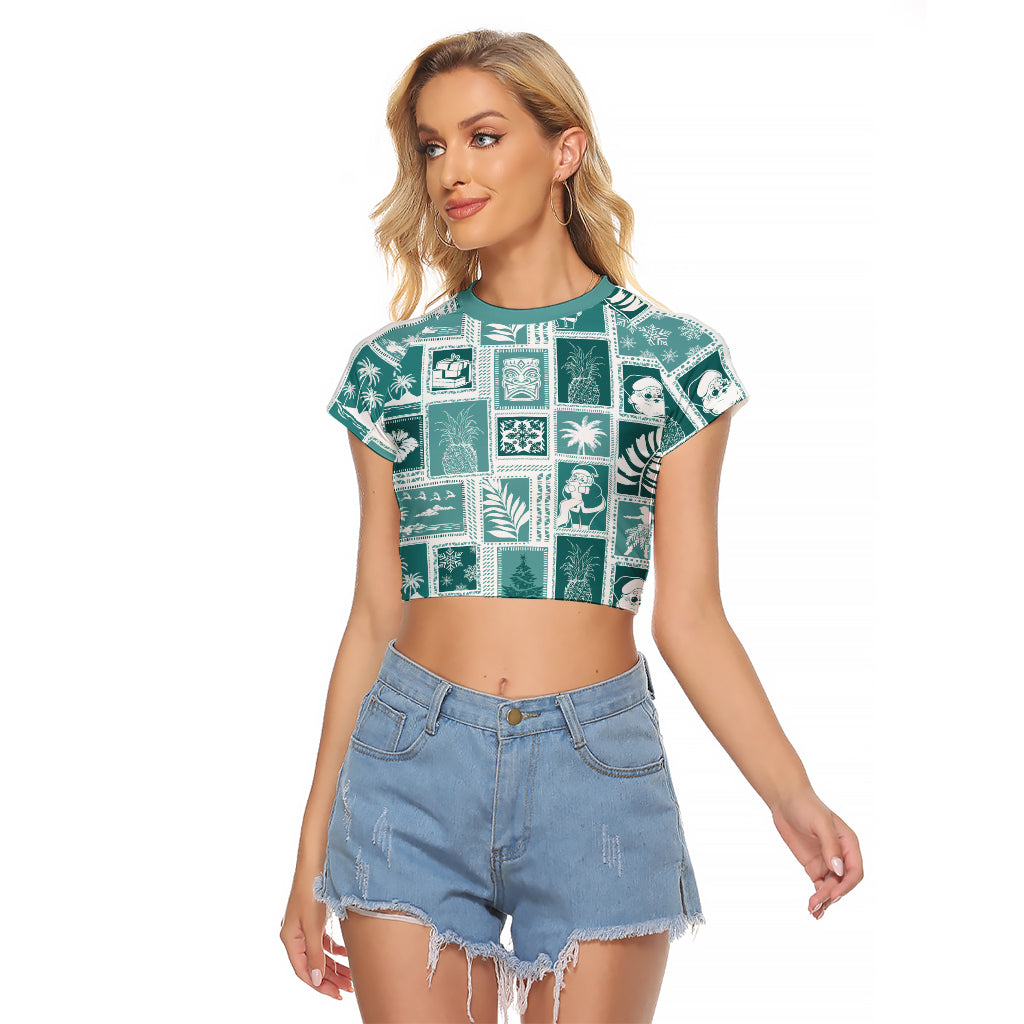 Hawaii Christmas Retro Patchwork Raglan Cropped T Shirt Teal LT7 Female Teal - Polynesian Pride