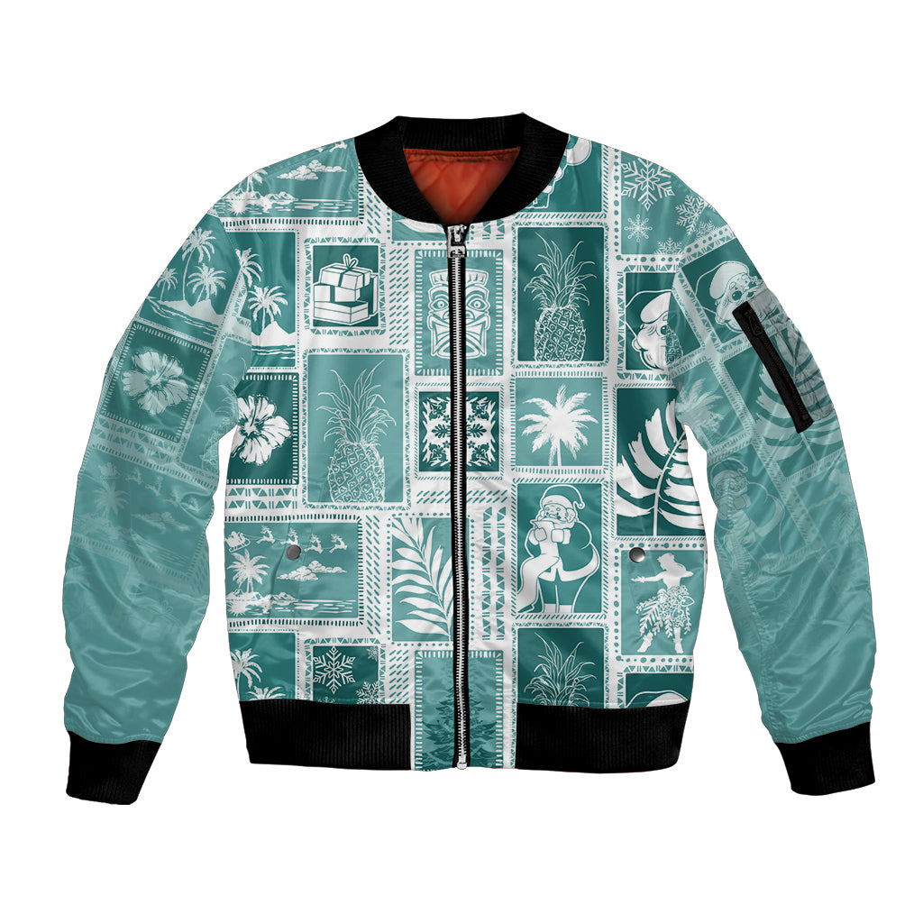 Hawaii Christmas Retro Patchwork Sleeve Zip Bomber Jacket Teal LT7 Unisex Teal - Polynesian Pride