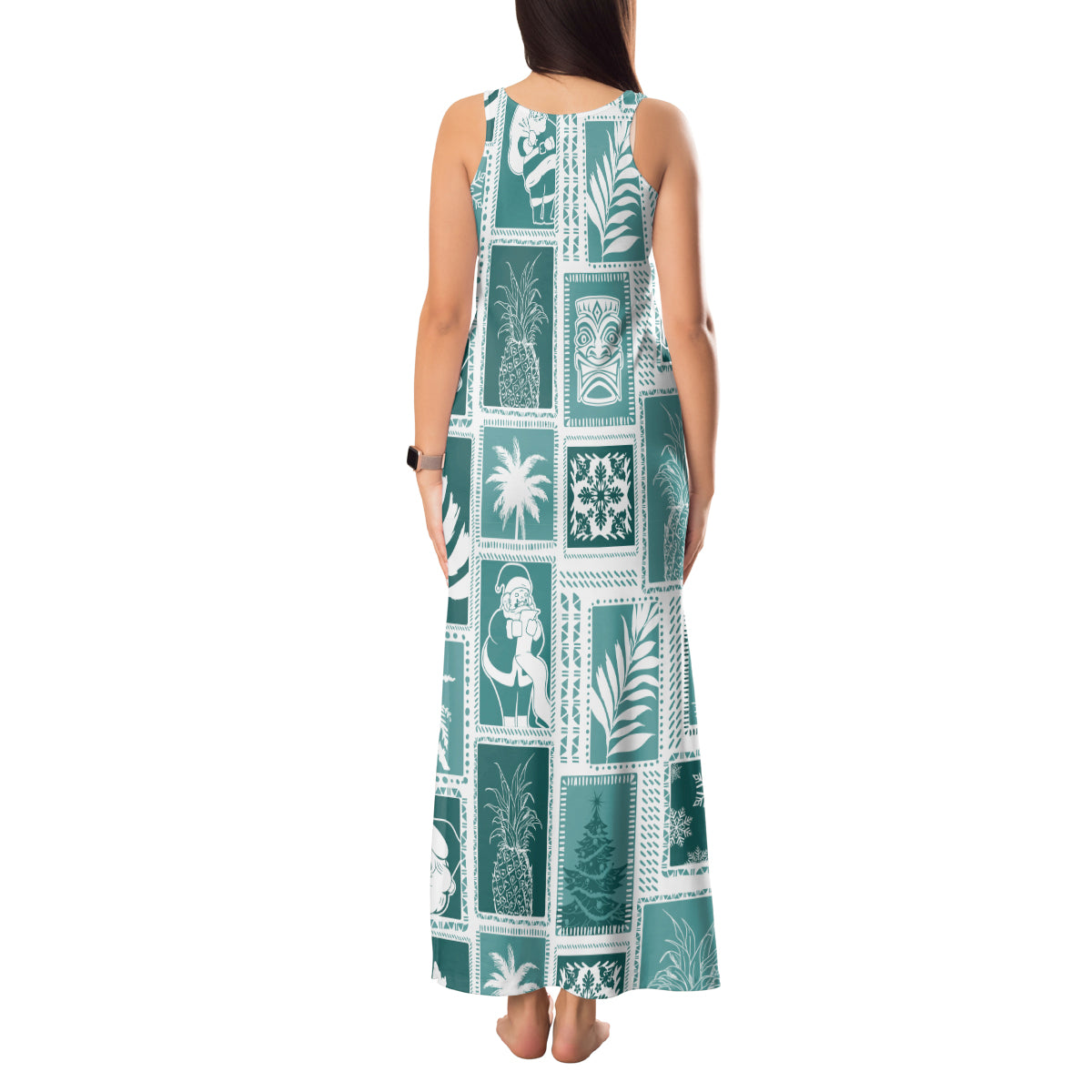 Hawaii Christmas Retro Patchwork Tank Maxi Dress Teal LT7 - Polynesian Pride