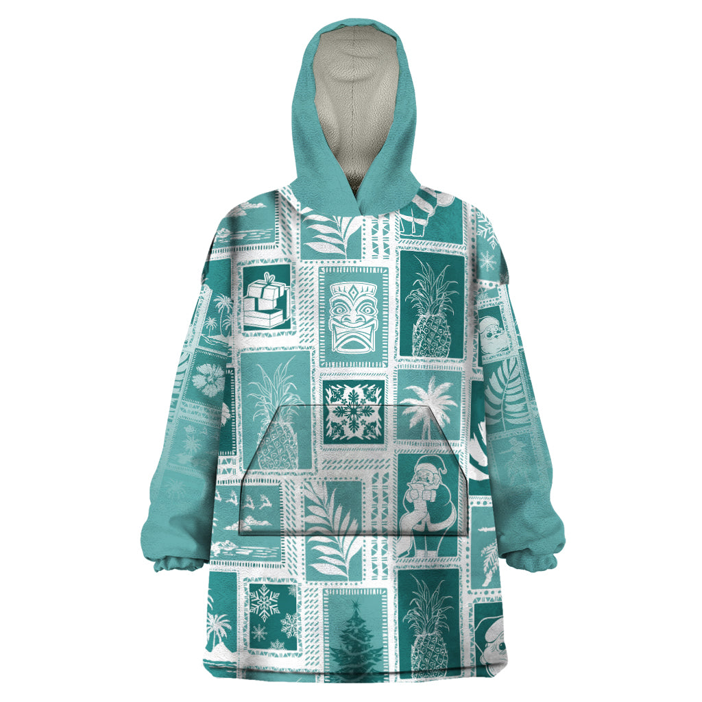 Hawaii Christmas Retro Patchwork Wearable Blanket Hoodie Teal LT7 One Size Teal - Polynesian Pride