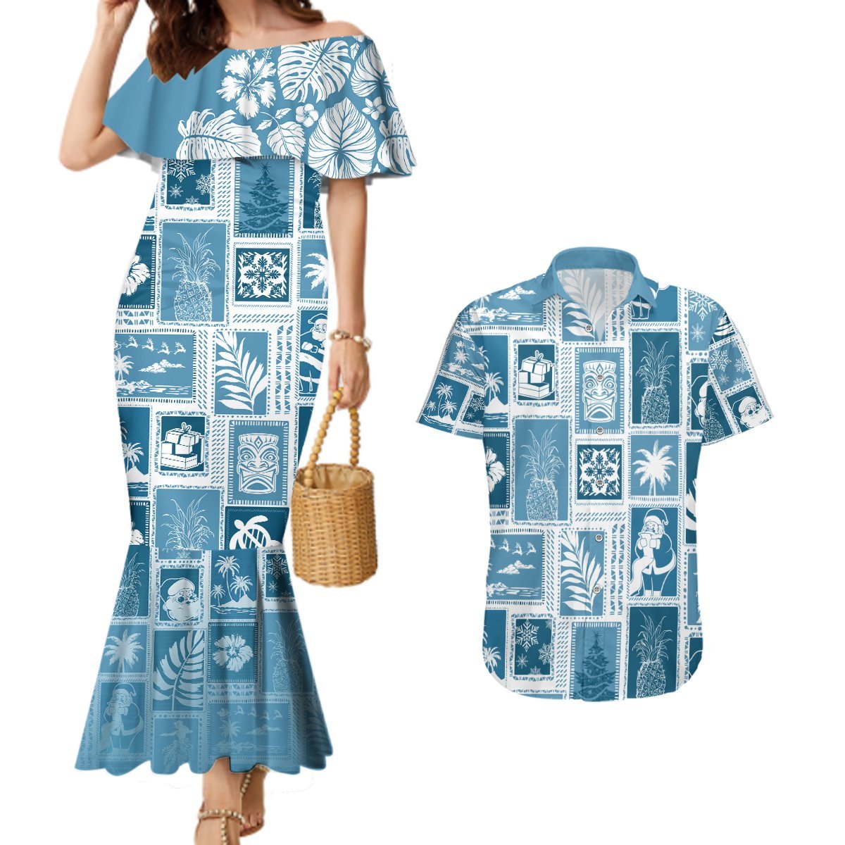 Hawaii Christmas Retro Patchwork Couples Matching Mermaid Dress and Hawaiian Shirt Aquamarine LT7 Aquamarine - Polynesian Pride
