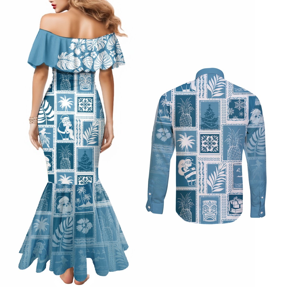 Hawaii Christmas Retro Patchwork Couples Matching Mermaid Dress and Long Sleeve Button Shirt Aquamarine LT7 - Polynesian Pride