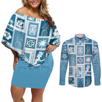 Hawaii Christmas Retro Patchwork Couples Matching Off Shoulder Short Dress and Long Sleeve Button Shirt Aquamarine LT7 Aquamarine - Polynesian Pride