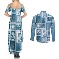 Hawaii Christmas Retro Patchwork Couples Matching Summer Maxi Dress and Long Sleeve Button Shirt Aquamarine LT7 - Polynesian Pride