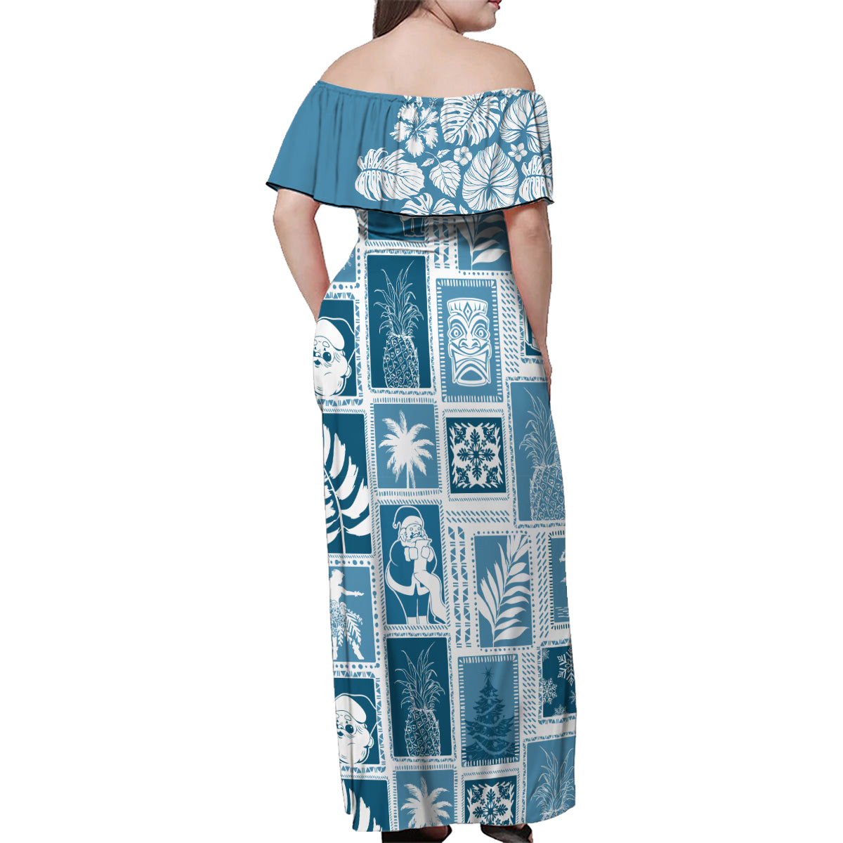 Hawaii Christmas Retro Patchwork Family Matching Off Shoulder Maxi Dress and Hawaiian Shirt Aquamarine LT7 - Polynesian Pride