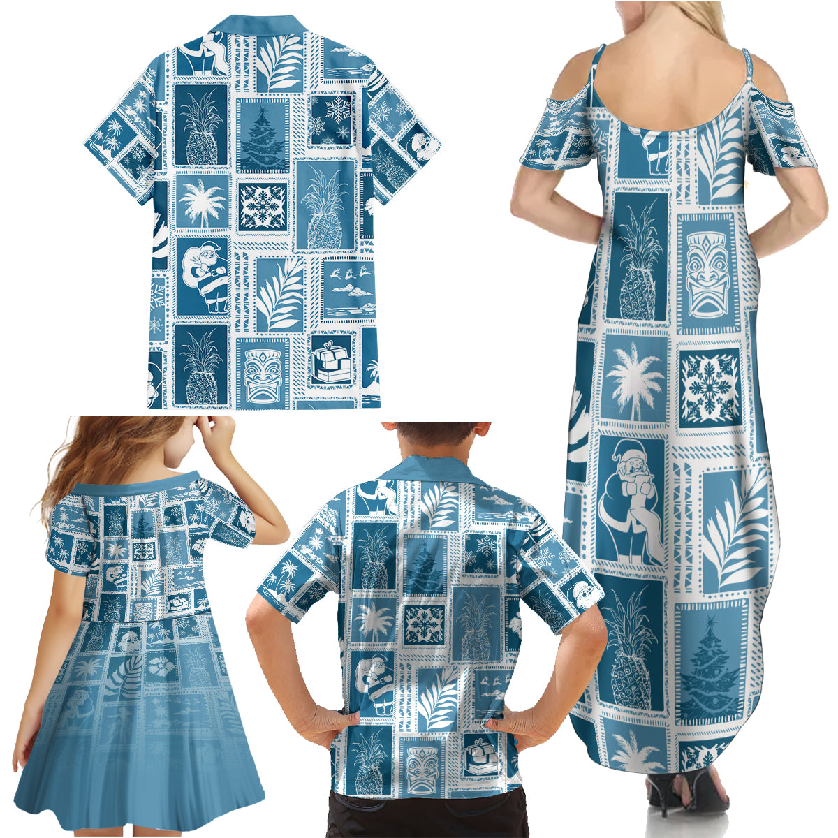 Hawaii Christmas Retro Patchwork Family Matching Summer Maxi Dress and Hawaiian Shirt Aquamarine LT7 - Polynesian Pride