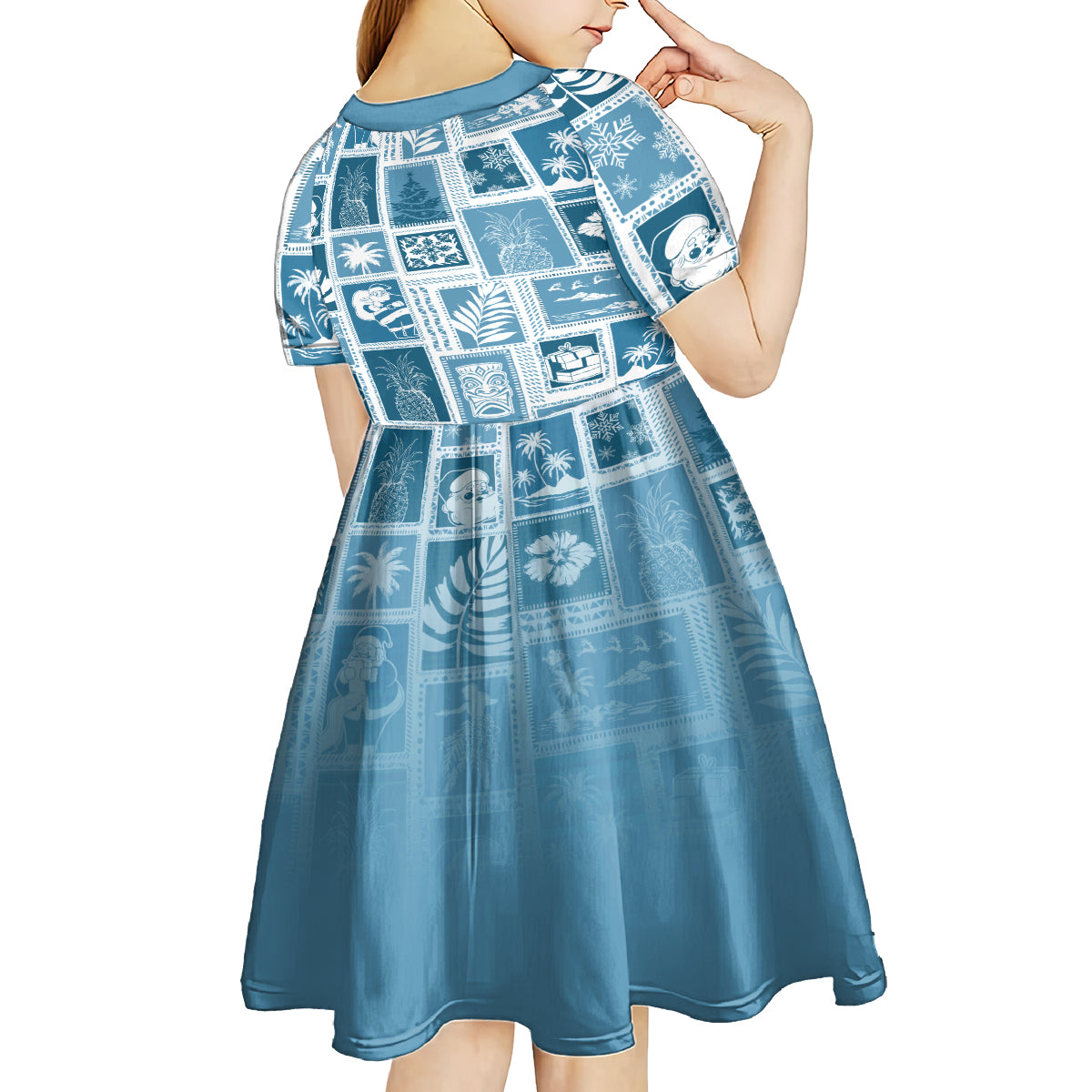 Hawaii Christmas Retro Patchwork Kid Short Sleeve Dress Aquamarine LT7 - Polynesian Pride