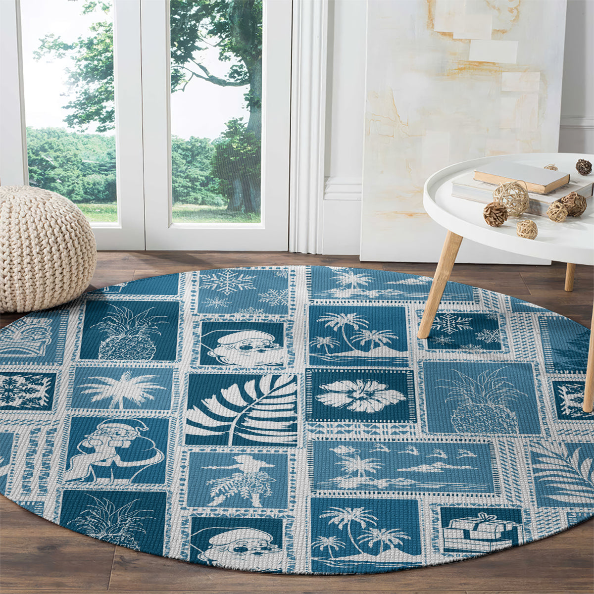 Hawaii Christmas Retro Patchwork Round Carpet Aquamarine LT7 - Polynesian Pride