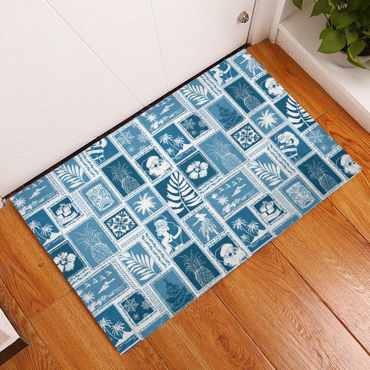 Hawaii Christmas Retro Patchwork Rubber Doormat Aquamarine LT7 Aquamarine - Polynesian Pride