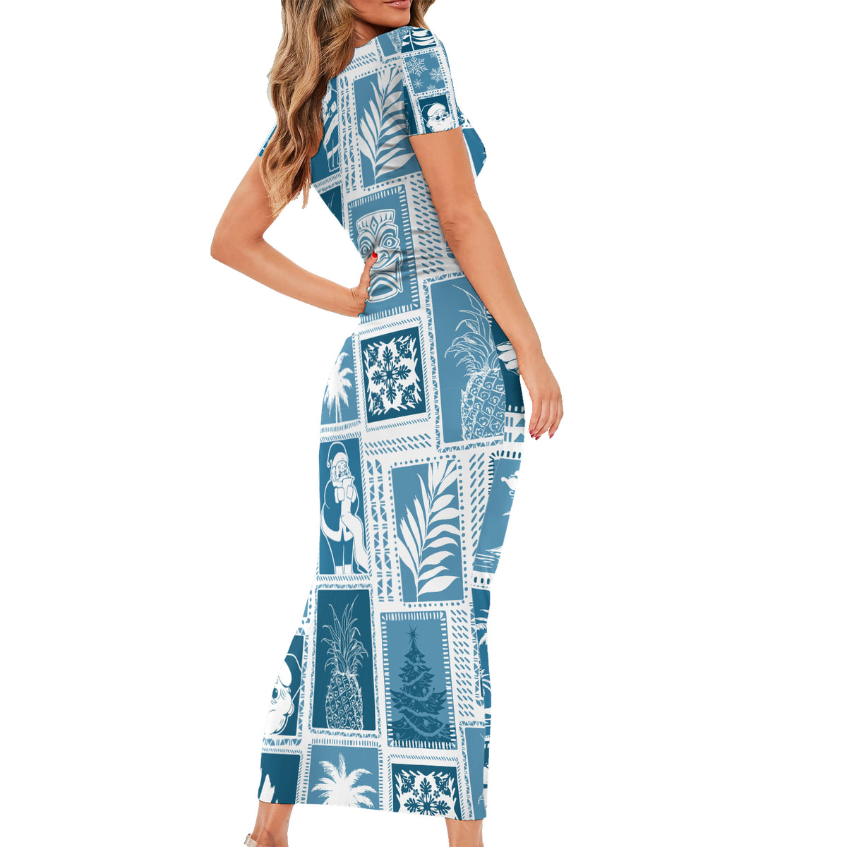 Hawaii Christmas Retro Patchwork Short Sleeve Bodycon Dress Aquamarine LT7 - Polynesian Pride