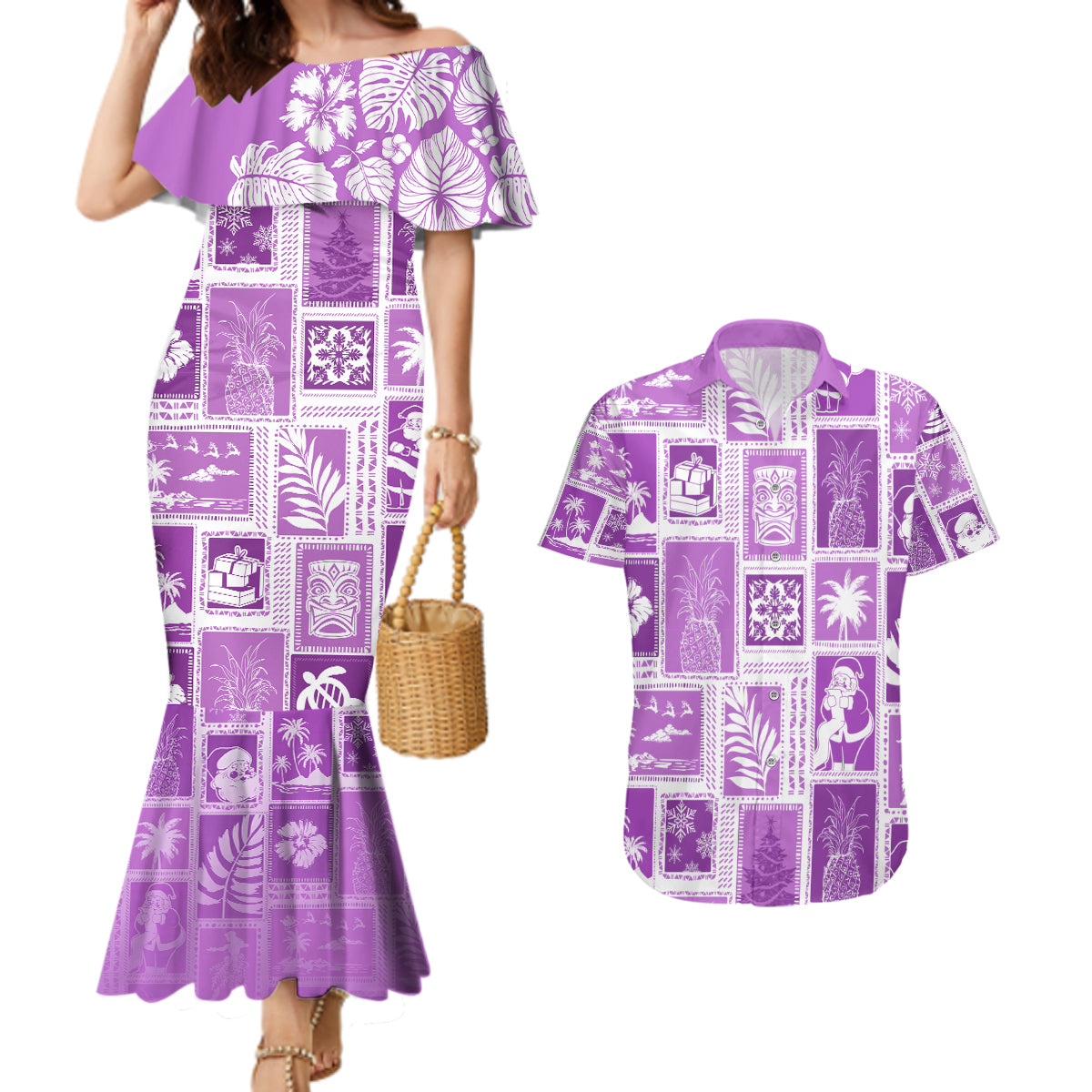 Hawaii Christmas Retro Patchwork Couples Matching Mermaid Dress and Hawaiian Shirt Violet LT7 Violet - Polynesian Pride