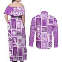 Hawaii Christmas Retro Patchwork Couples Matching Off Shoulder Maxi Dress and Long Sleeve Button Shirt Violet LT7 - Polynesian Pride