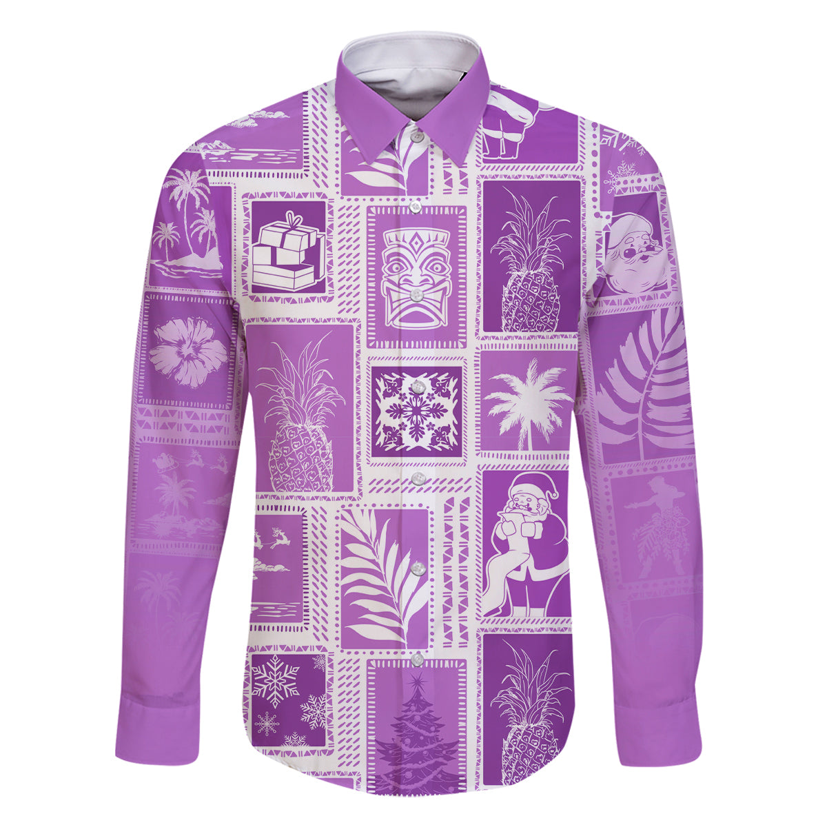 Hawaii Christmas Retro Patchwork Family Matching Off Shoulder Maxi Dress and Hawaiian Shirt Violet LT7 Dad's Shirt - Long Sleeve Violet - Polynesian Pride
