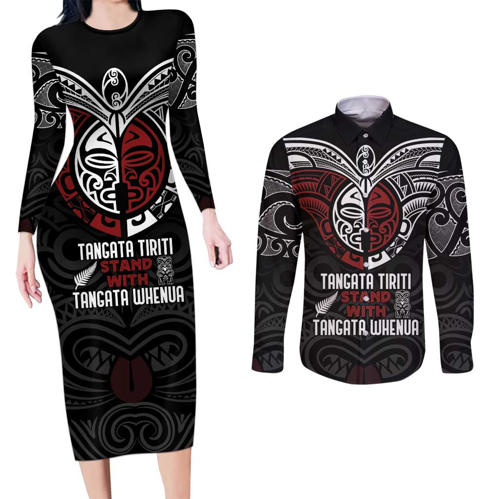 Maori Hongi Toitu Te Tiriti Couples Matching Long Sleeve Bodycon Dress and Long Sleeve Button Shirt Tangata Tiriti Stand With Tangata Whenua