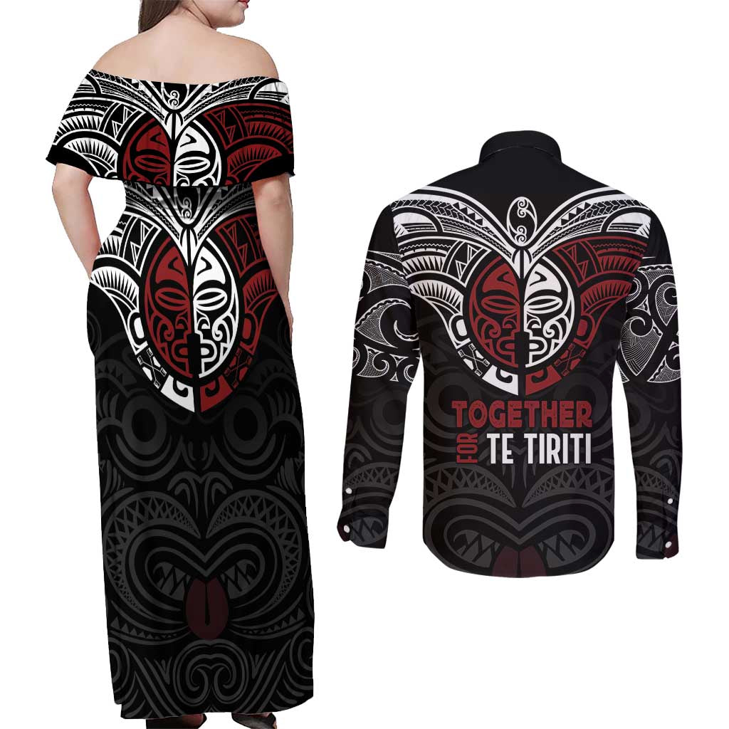 Maori Hongi Toitu Te Tiriti Couples Matching Off Shoulder Maxi Dress and Long Sleeve Button Shirt Tangata Tiriti Stand With Tangata Whenua