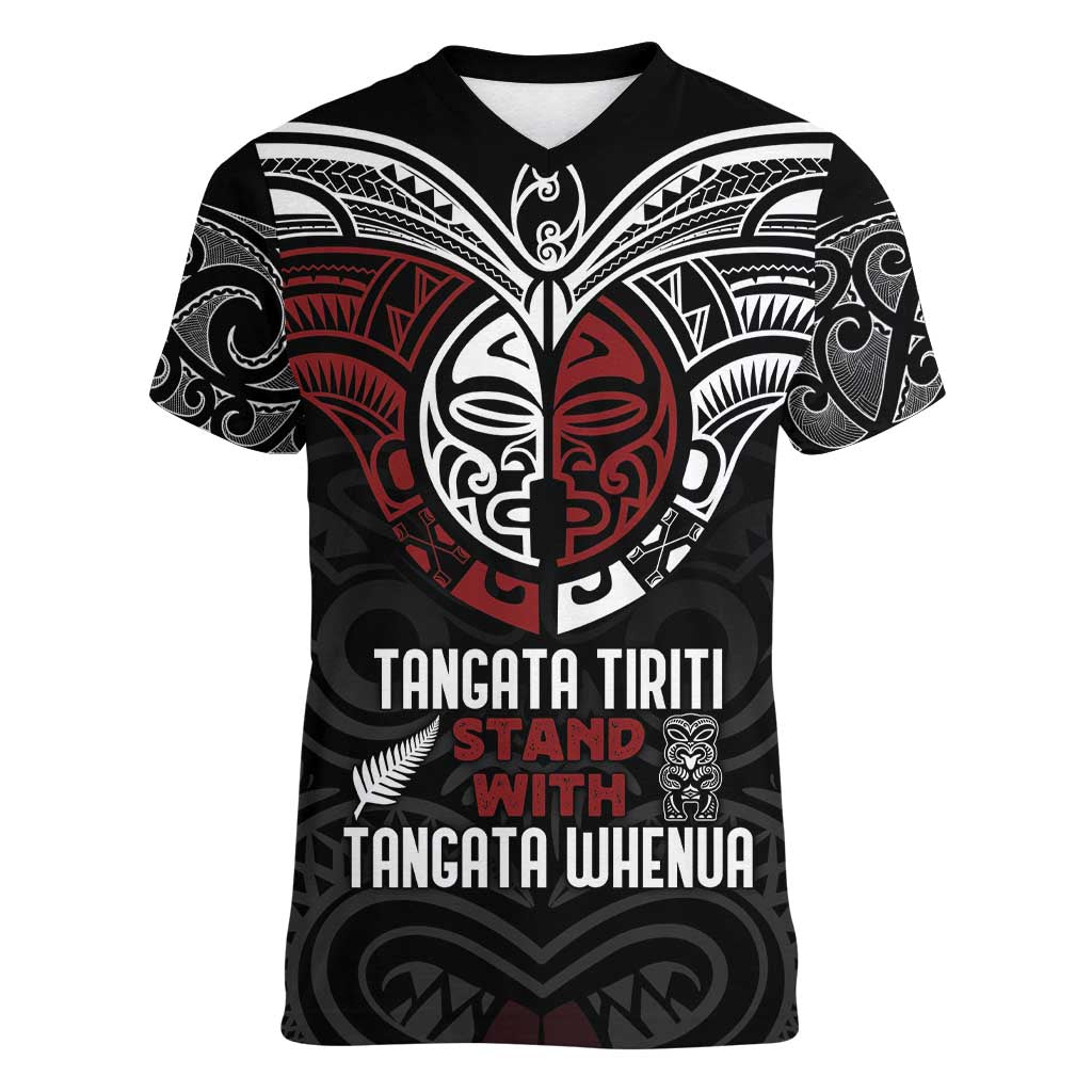 Maori Hongi Toitu Te Tiriti Women V-Neck T-Shirt Tangata Tiriti Stand With Tangata Whenua