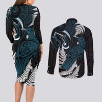 New Zealand Tui Bird Couples Matching Long Sleeve Bodycon Dress and Long Sleeve Button Shirt Maori Kowhaiwhai