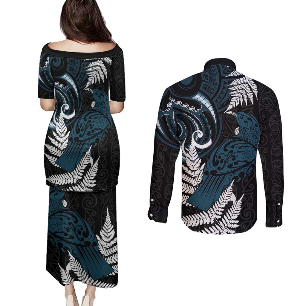 New Zealand Tui Bird Couples Matching Puletasi and Long Sleeve Button Shirt Maori Kowhaiwhai