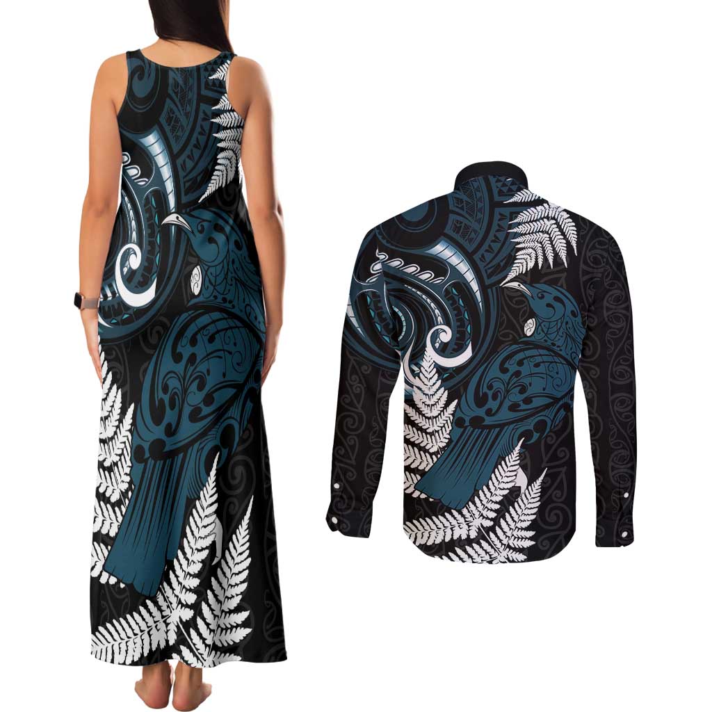New Zealand Tui Bird Couples Matching Tank Maxi Dress and Long Sleeve Button Shirt Maori Kowhaiwhai