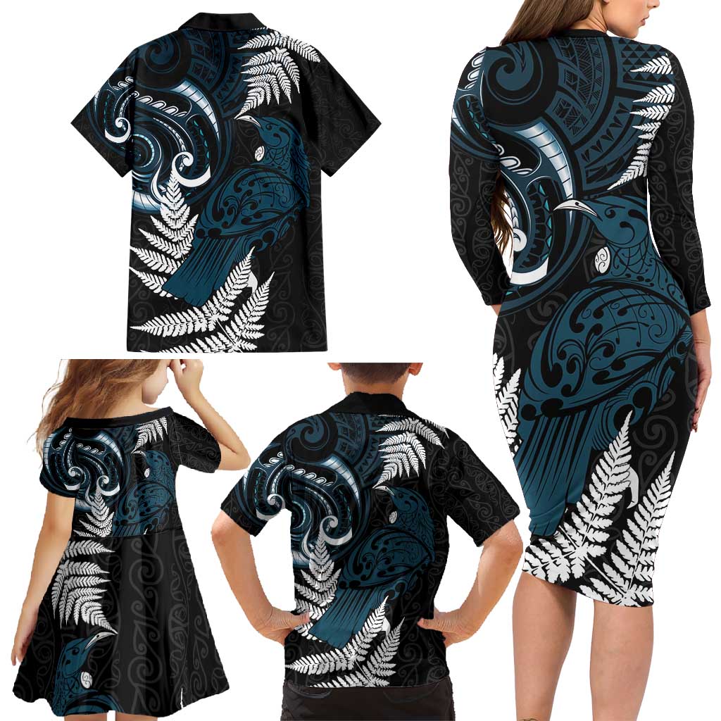New Zealand Tui Bird Family Matching Long Sleeve Bodycon Dress and Hawaiian Shirt Maori Kowhaiwhai