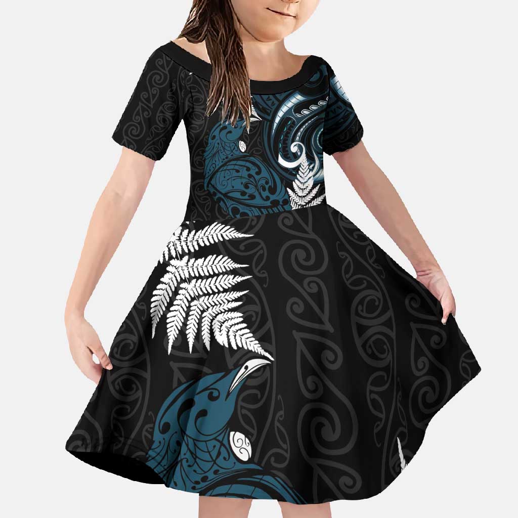 New Zealand Tui Bird Family Matching Mermaid Dress and Hawaiian Shirt Maori Kowhaiwhai LT7 Daughter's Dress Teal - Polynesian Pride
