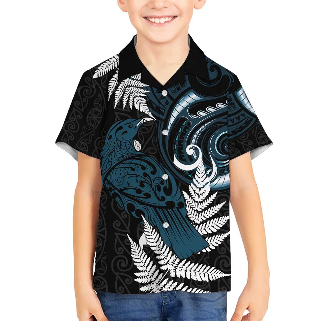 New Zealand Tui Bird Family Matching Off Shoulder Maxi Dress and Hawaiian Shirt Maori Kowhaiwhai