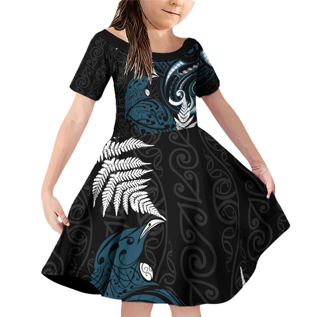 New Zealand Tui Bird Family Matching Off Shoulder Short Dress and Hawaiian Shirt Maori Kowhaiwhai
