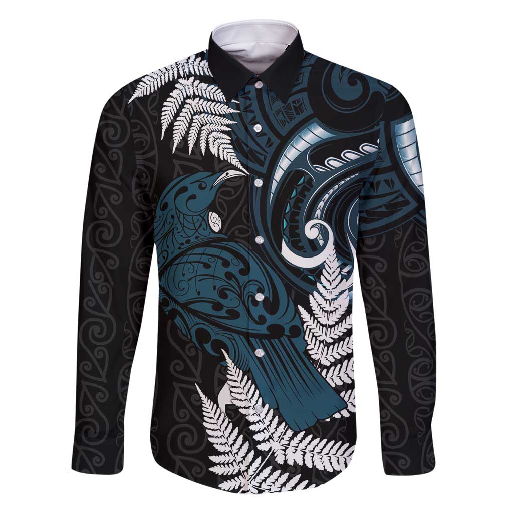 New Zealand Tui Bird Family Matching Tank Maxi Dress and Hawaiian Shirt Maori Kowhaiwhai LT7 Dad's Shirt - Long Sleeve Teal - Polynesian Pride