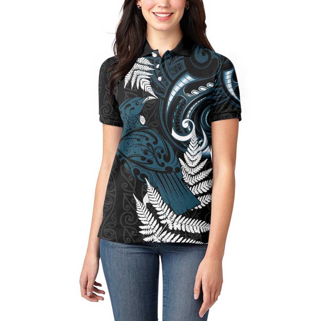 New Zealand Tui Bird Women Polo Shirt Maori Kowhaiwhai