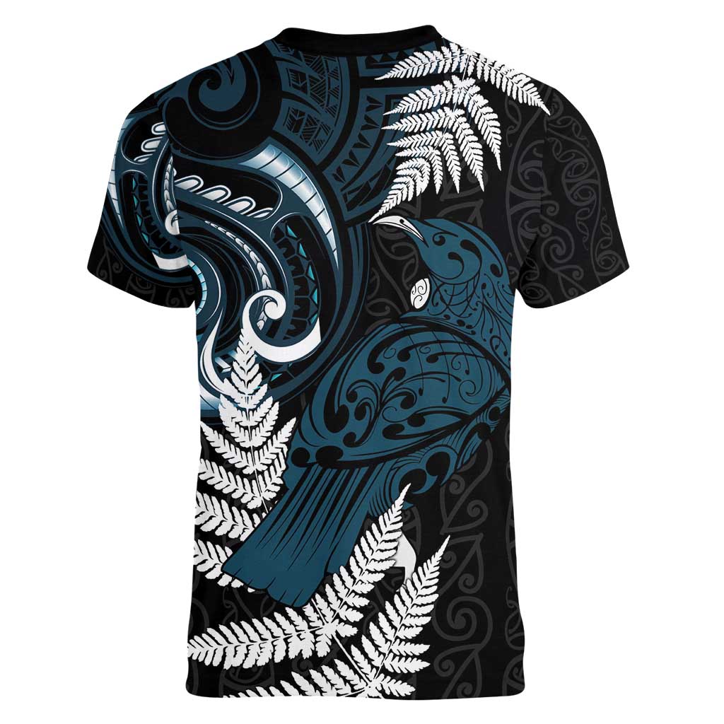 New Zealand Tui Bird Women V-Neck T-Shirt Maori Kowhaiwhai
