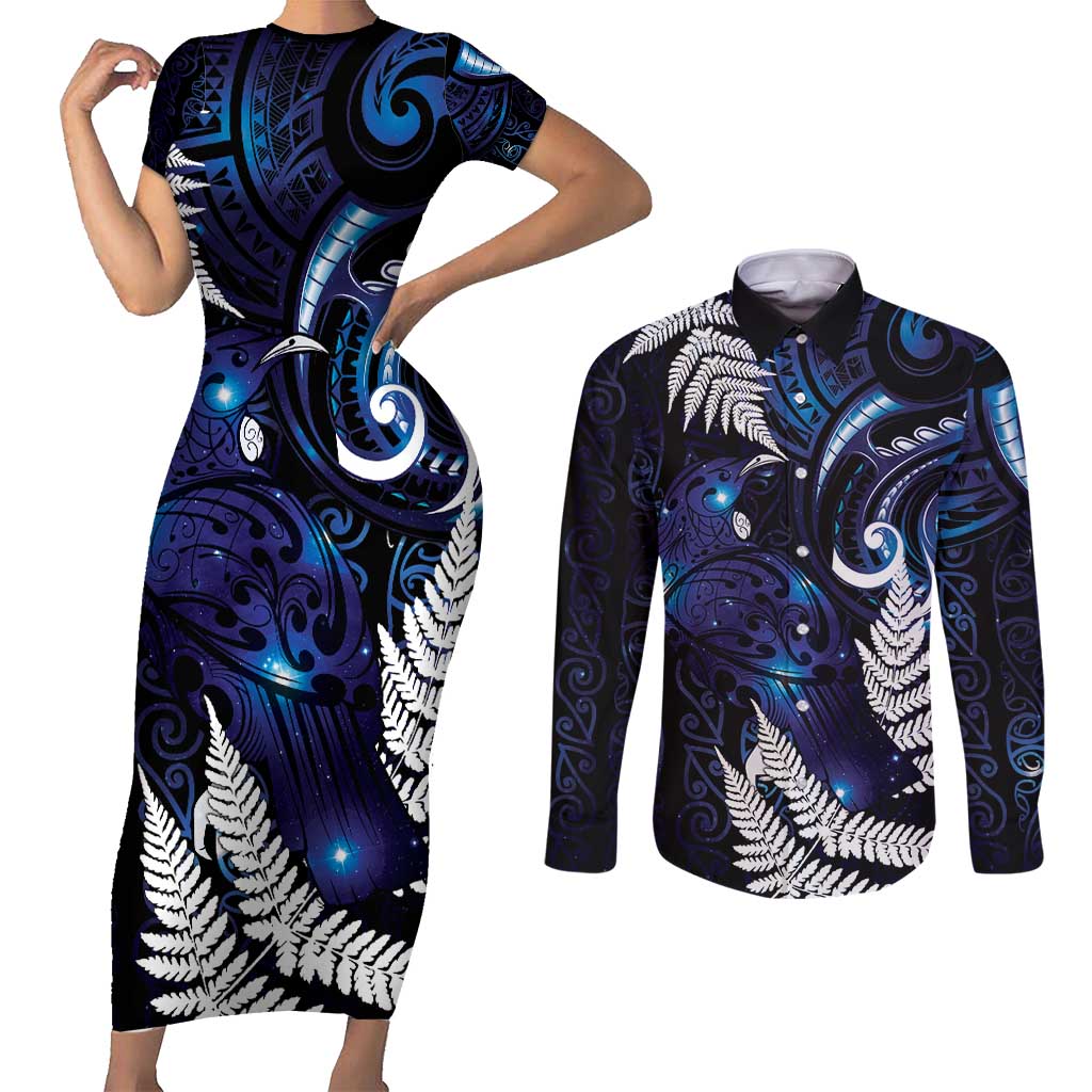 New Zealand Maori Matariki Couples Matching Short Sleeve Bodycon Dress and Long Sleeve Button Shirt Tui Bird Galaxy