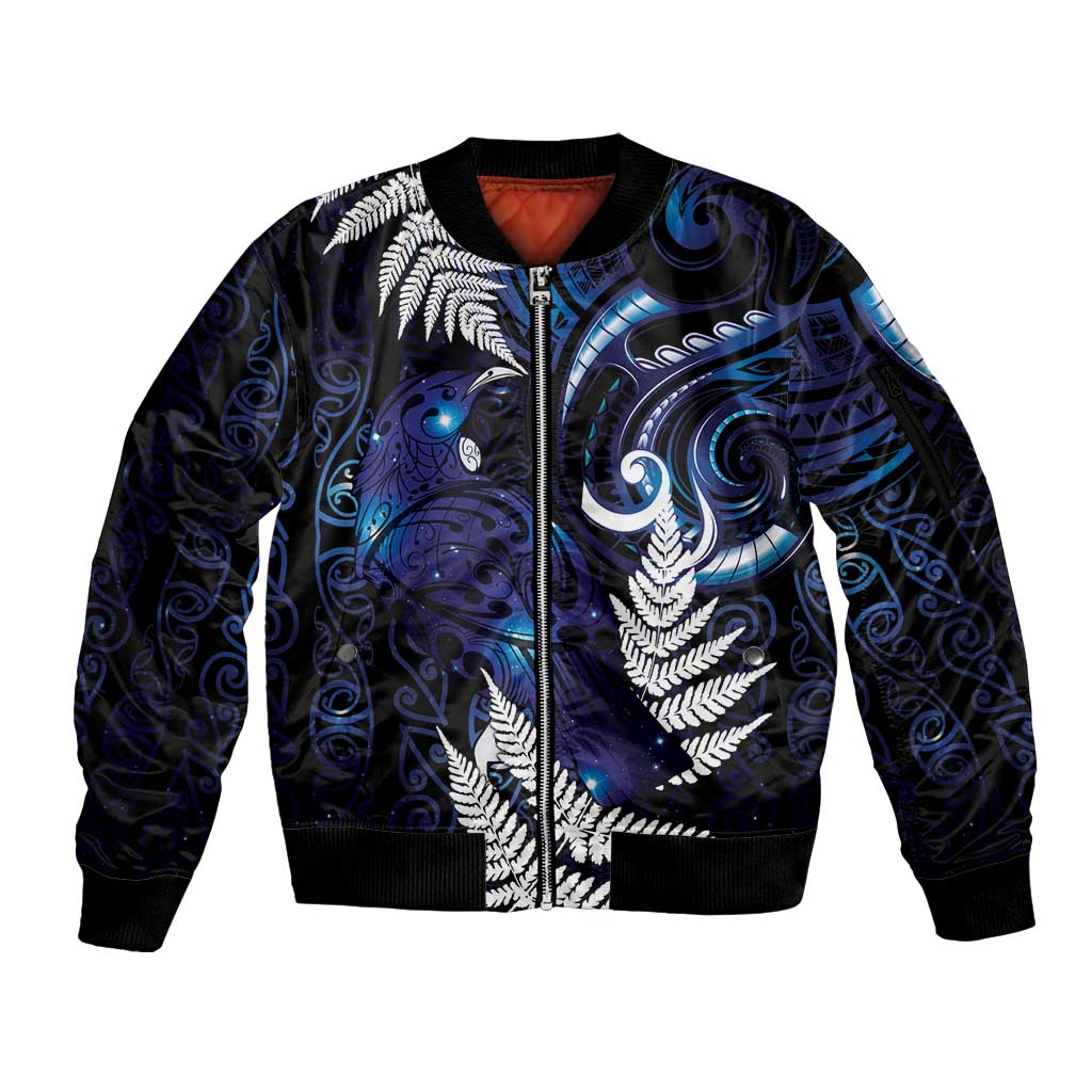 New Zealand Maori Matariki Sleeve Zip Bomber Jacket Tui Bird Galaxy LT7 Unisex Galaxy - Polynesian Pride
