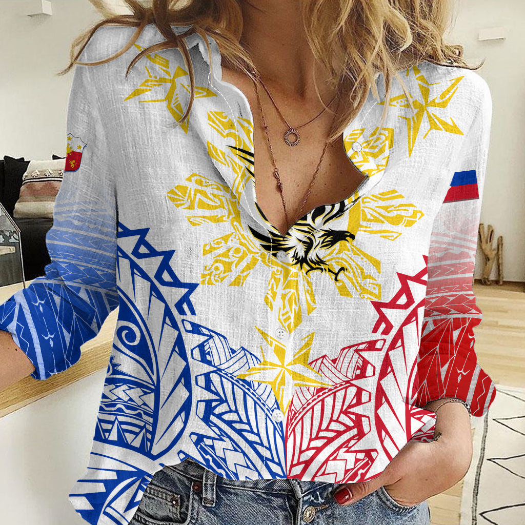 Philippines Personalised Women Casual Shirt Filipino Sun with Eagle LT7 Female White - Polynesian Pride