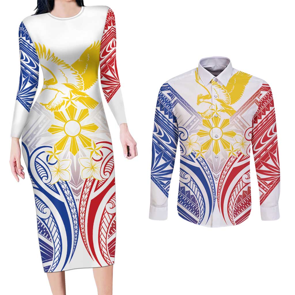 Philippines Tribal Sun Personalized Couples Matching Long Sleeve Bodycon Dress and Long Sleeve Button Shirt Hunting Eagle