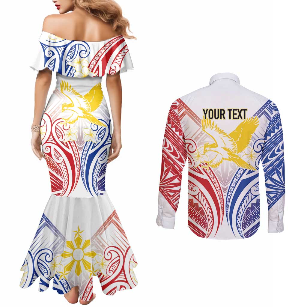 Philippines Tribal Sun Personalized Couples Matching Mermaid Dress and Long Sleeve Button Shirt Hunting Eagle LT7 - Polynesian Pride