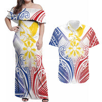 Philippines Tribal Sun Personalized Couples Matching Off Shoulder Maxi Dress and Hawaiian Shirt Hunting Eagle LT7 White - Polynesian Pride
