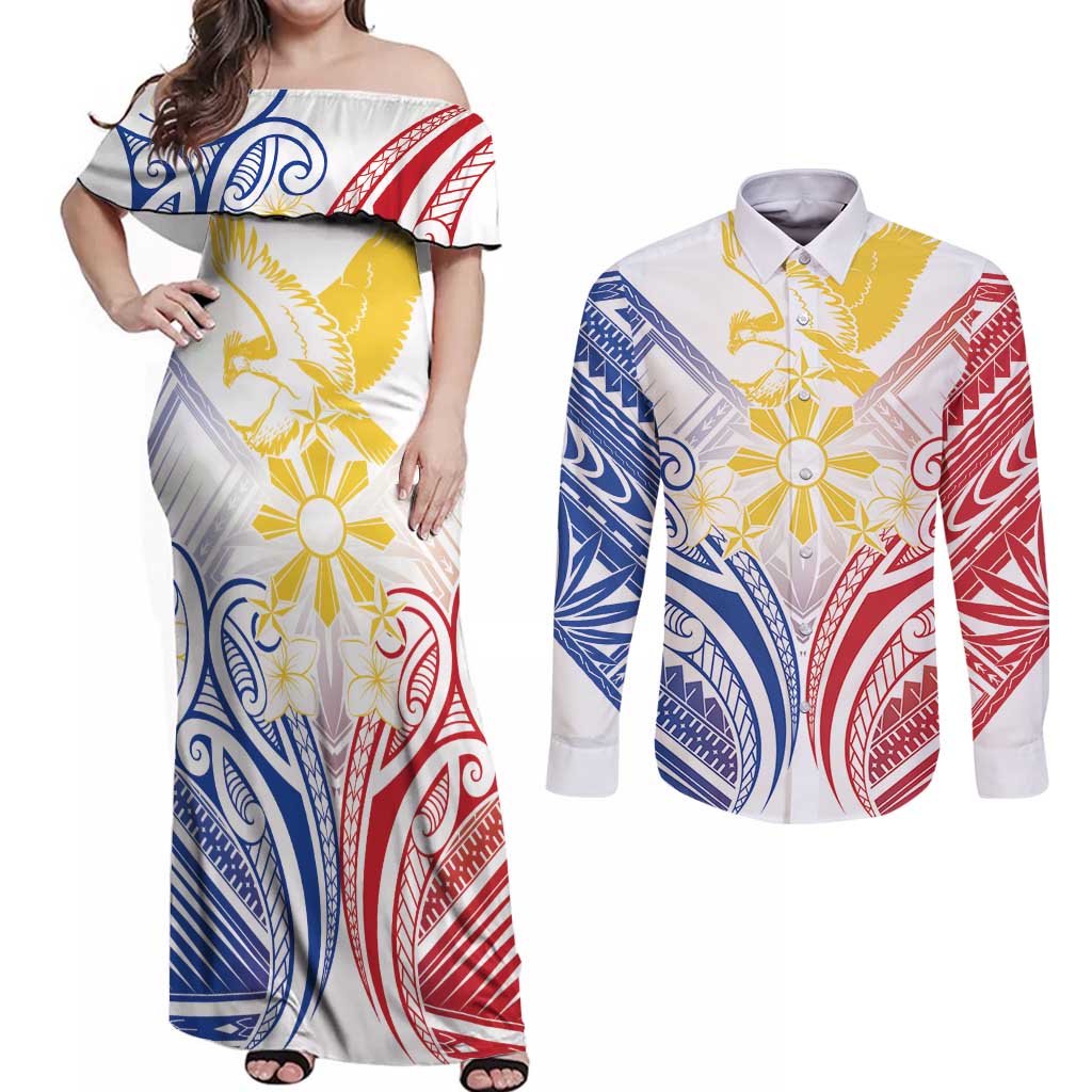 Philippines Tribal Sun Personalized Couples Matching Off Shoulder Maxi Dress and Long Sleeve Button Shirt Hunting Eagle