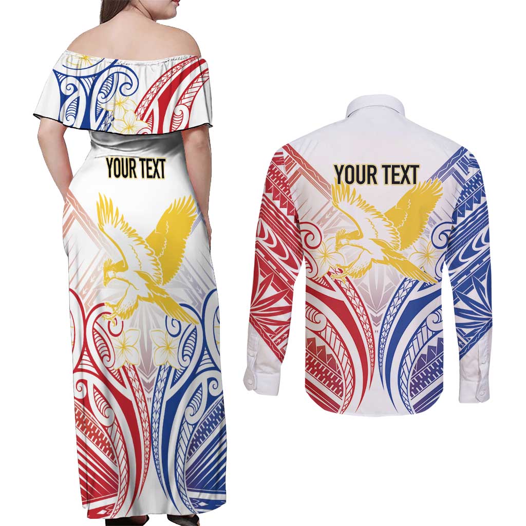 Philippines Tribal Sun Personalized Couples Matching Off Shoulder Maxi Dress and Long Sleeve Button Shirt Hunting Eagle