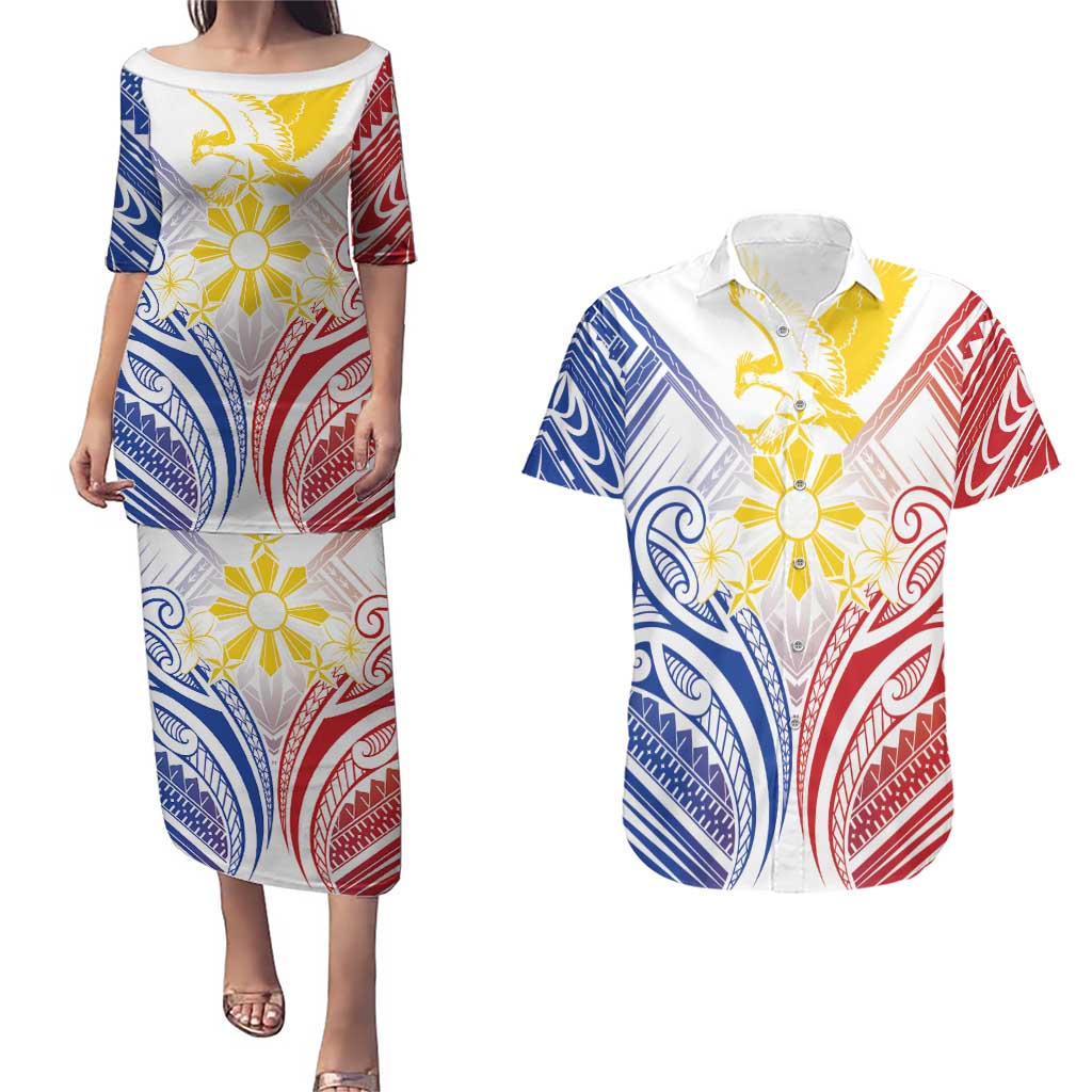 Philippines Tribal Sun Personalized Couples Matching Puletasi and Hawaiian Shirt Hunting Eagle