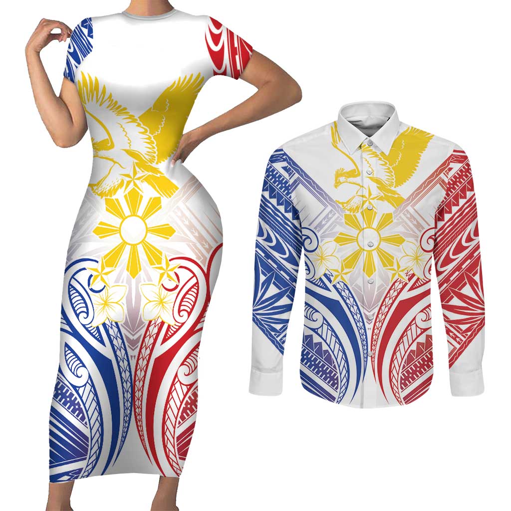 Philippines Tribal Sun Personalized Couples Matching Short Sleeve Bodycon Dress and Long Sleeve Button Shirt Hunting Eagle