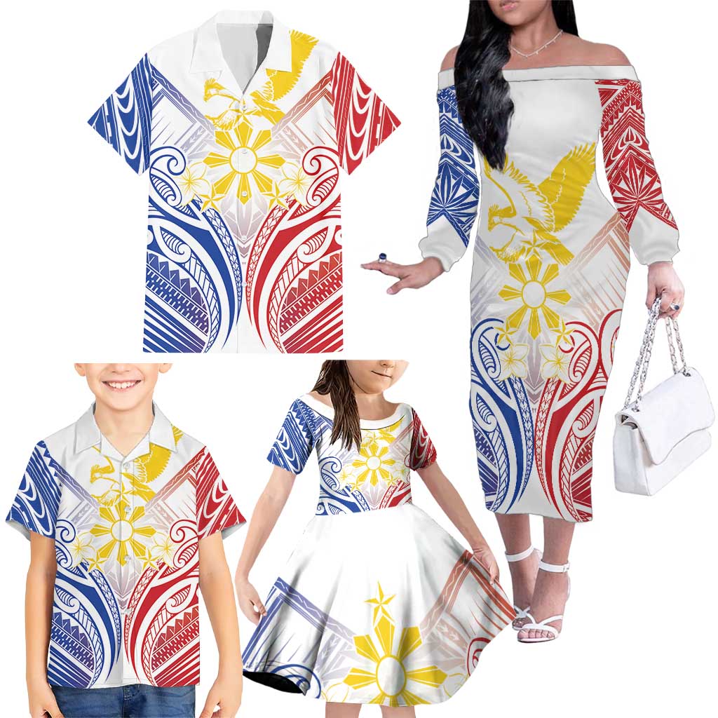 Philippines Tribal Sun Personalized Family Matching Off The Shoulder Long Sleeve Dress and Hawaiian Shirt Hunting Eagle