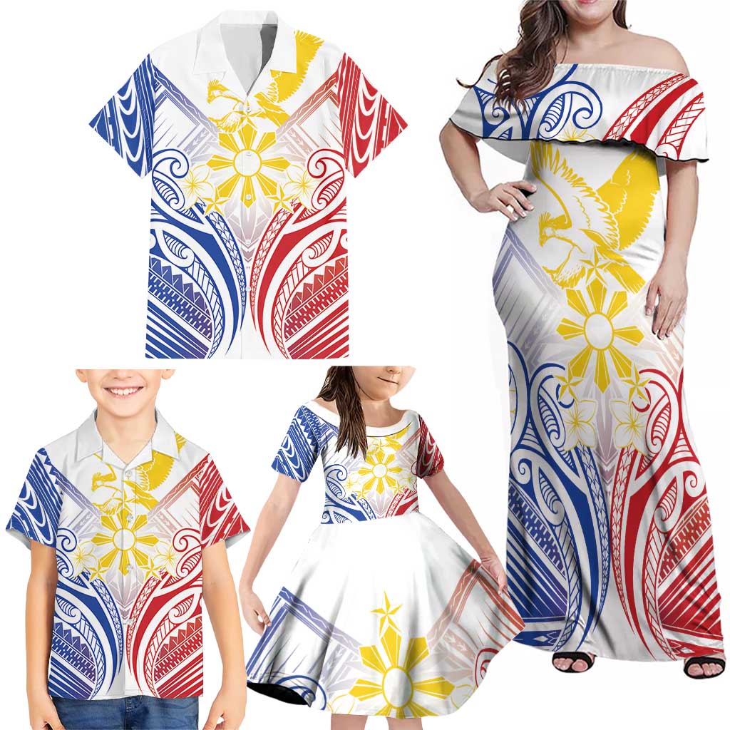 Philippines Tribal Sun Personalized Family Matching Off Shoulder Maxi Dress and Hawaiian Shirt Hunting Eagle