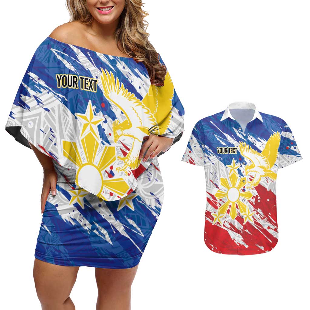 Personalized Filipino Sun and Stars Couples Matching Off Shoulder Short Dress and Hawaiian Shirt Grunge Vibes