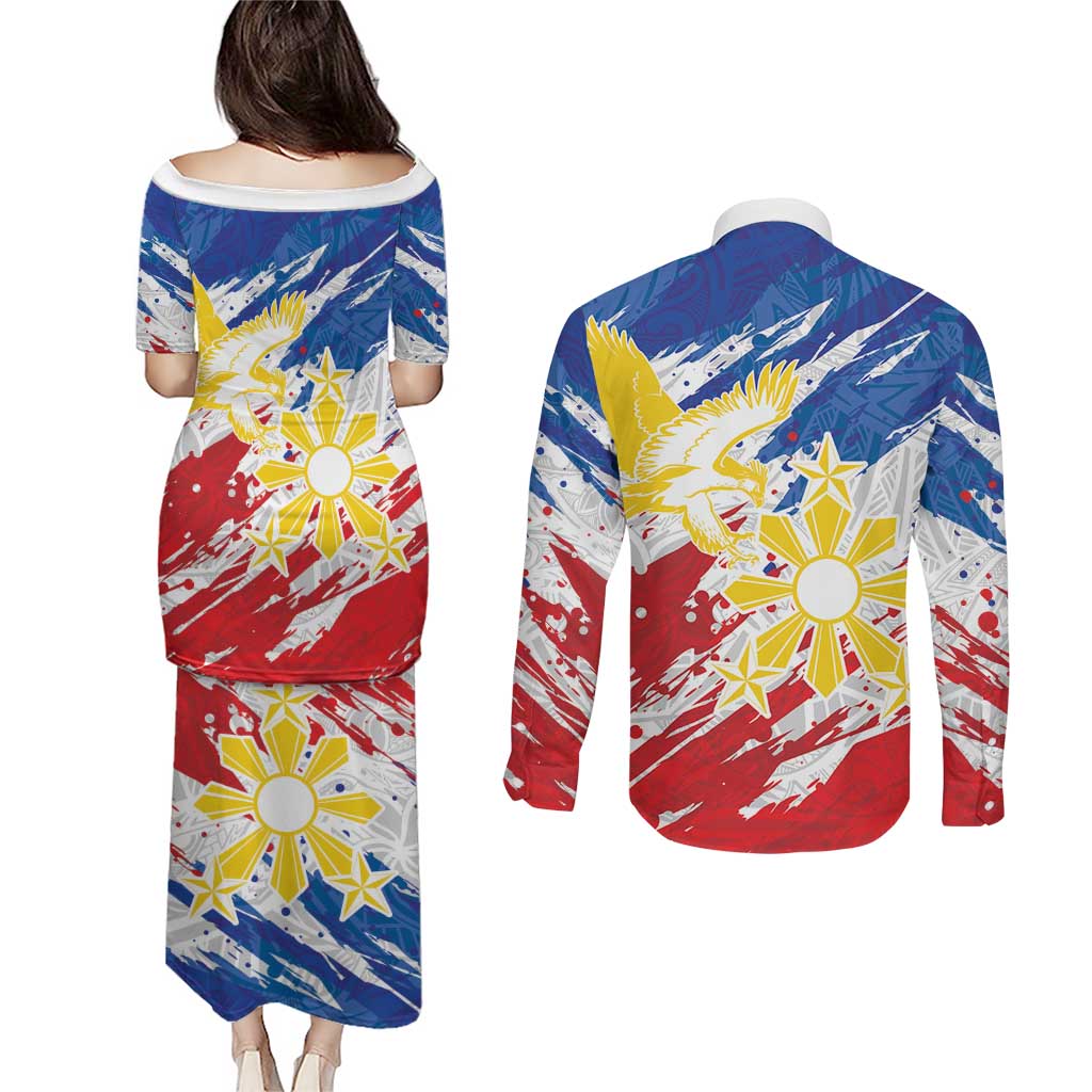Personalized Filipino Sun and Stars Couples Matching Puletasi and Long Sleeve Button Shirt Grunge Vibes LT7 - Polynesian Pride