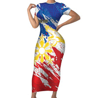 Personalized Filipino Sun and Stars Short Sleeve Bodycon Dress Grunge Vibes LT7 Long Dress White - Polynesian Pride