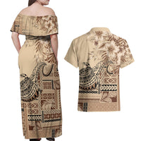 Vaiaso o le Gagana Samoa Couples Matching Off Shoulder Maxi Dress and Hawaiian Shirt Siapo Motif Beige