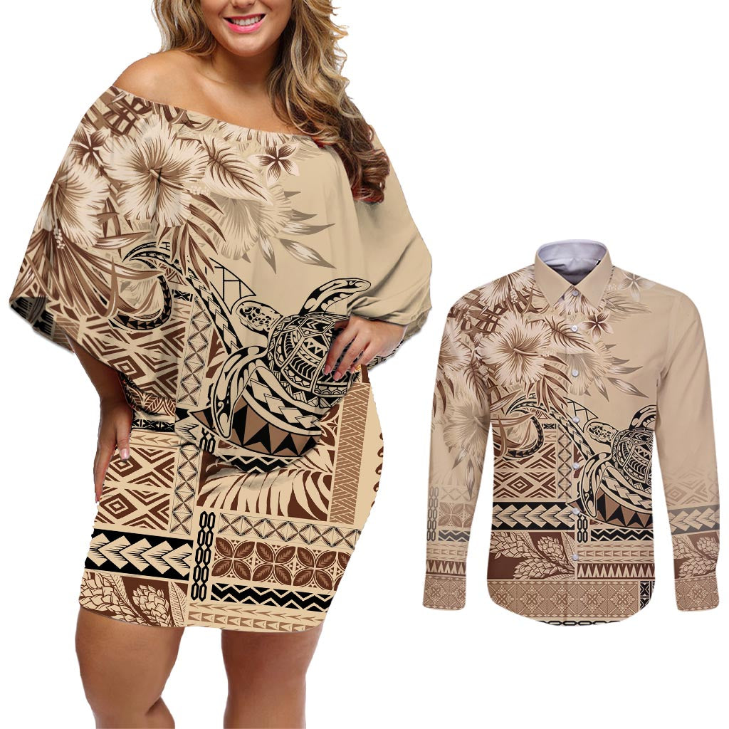Vaiaso o le Gagana Samoa Couples Matching Off Shoulder Short Dress and Long Sleeve Button Shirt Siapo Motif Beige LT7 Beige - Polynesian Pride