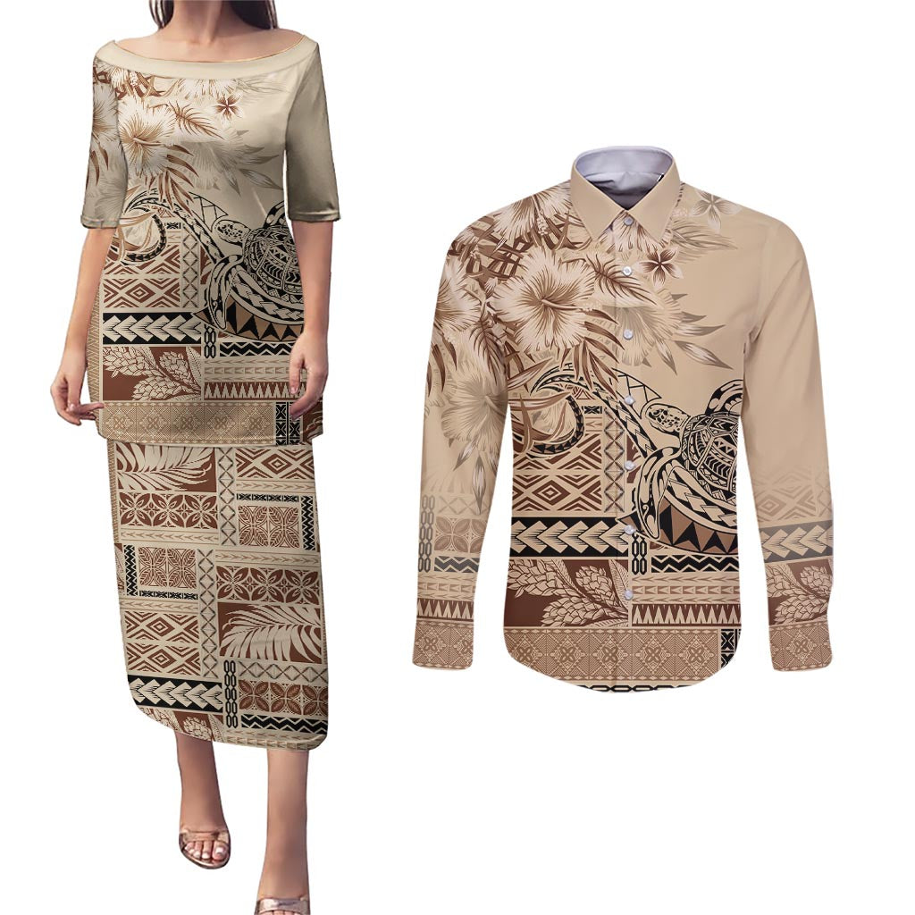 Vaiaso o le Gagana Samoa Couples Matching Puletasi and Long Sleeve Button Shirt Siapo Motif Beige LT7 Beige - Polynesian Pride