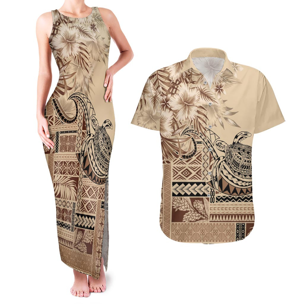 Vaiaso o le Gagana Samoa Couples Matching Tank Maxi Dress and Hawaiian Shirt Siapo Motif Beige LT7 Beige - Polynesian Pride